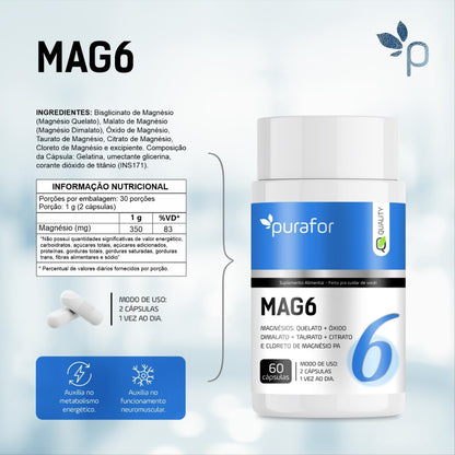 Mag6 Purafor Magnésio 500mg 60caps 100% Natural Alta Pureza