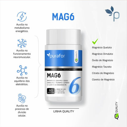 Mag6 Purafor Magnésio 500mg 60caps 100% Natural Alta Pureza