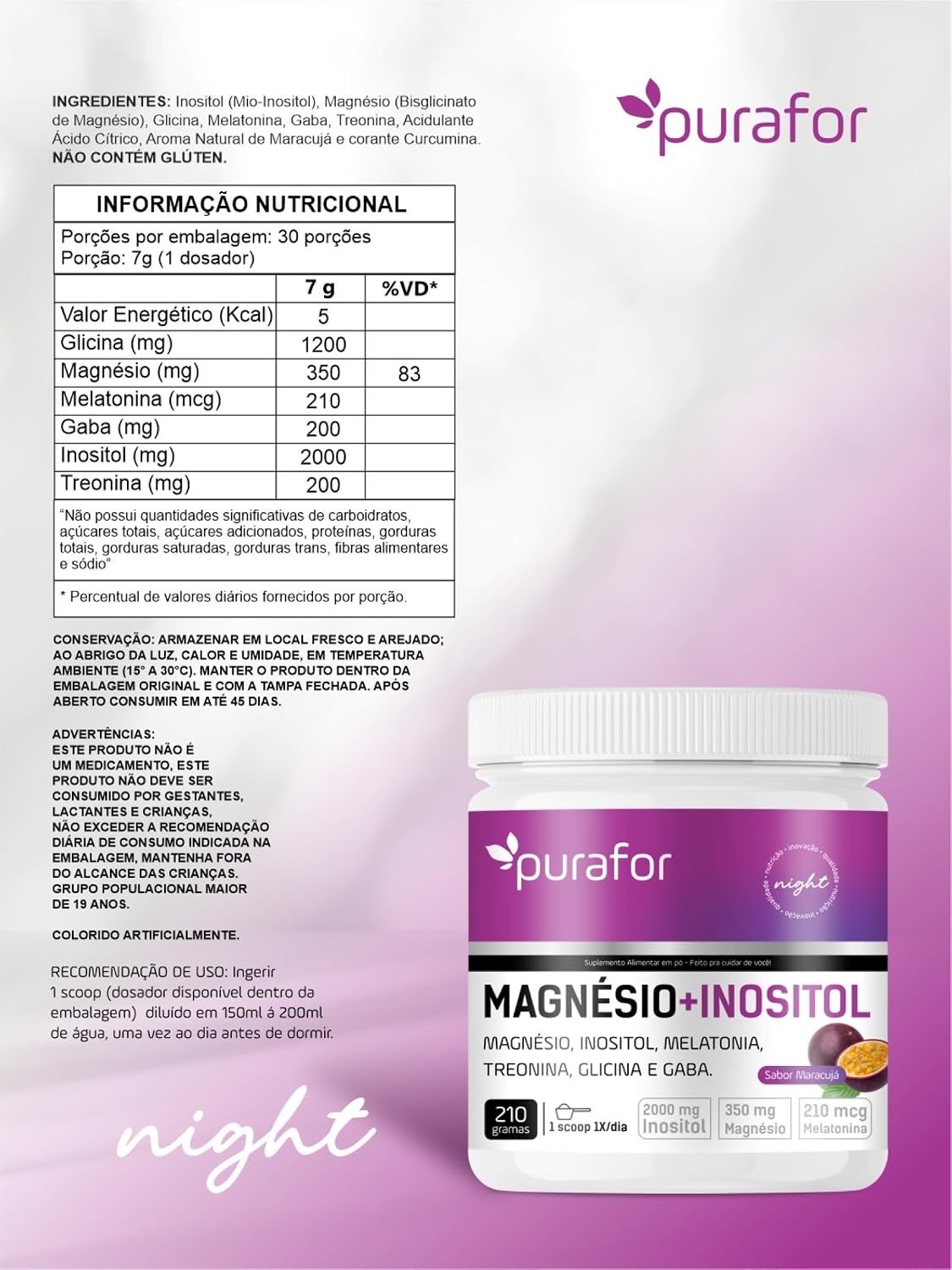 Magnésio + Inositol Sabor Maracuja Purafor 210g Alta Pureza
