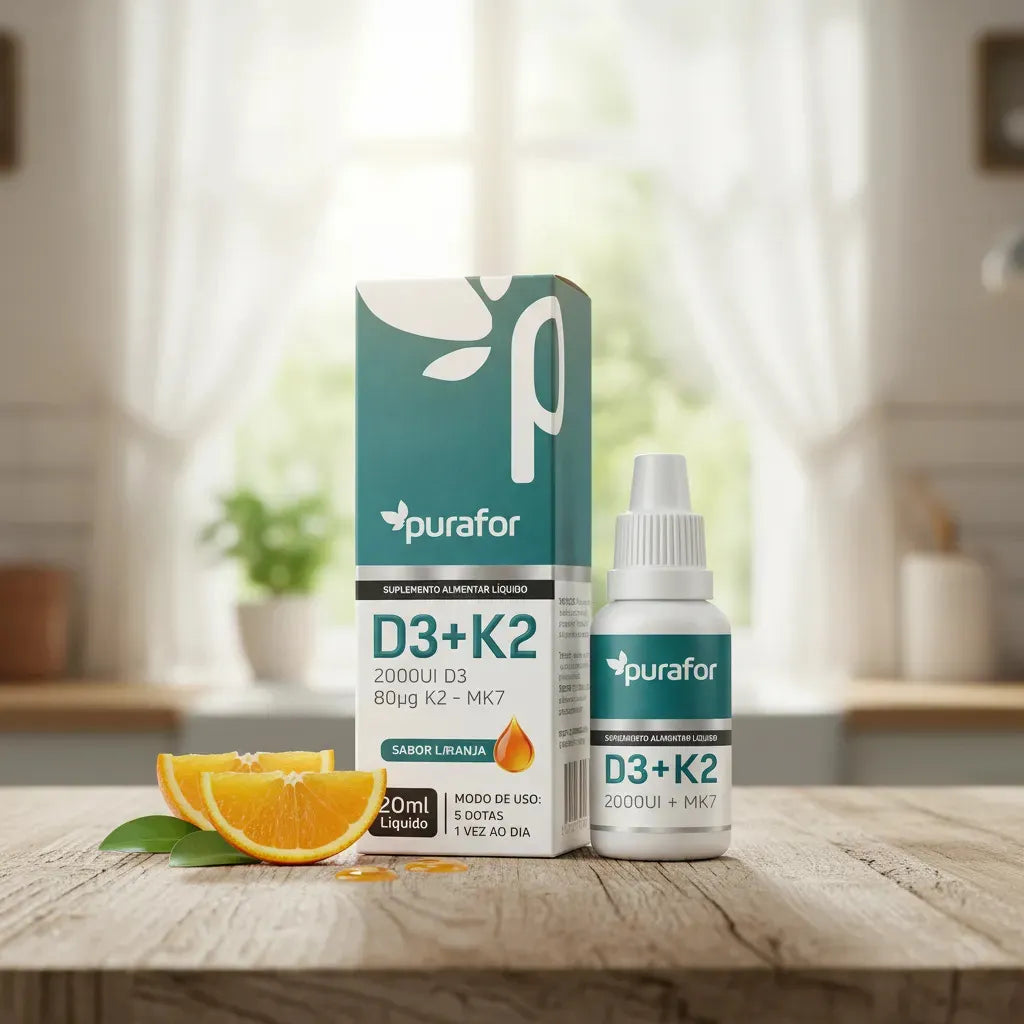 Vitamina D3 + K2 Gotas Purafor Sabor Laranja 20ml Alta Pureza