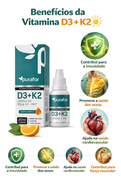 Vitamina D3 + K2 Gotas Purafor Sabor Laranja 20ml Alta Pureza