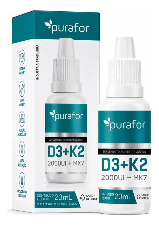 Vitamina D3 + K2 Gotas Purafor Sabor Laranja 20ml Alta Pureza