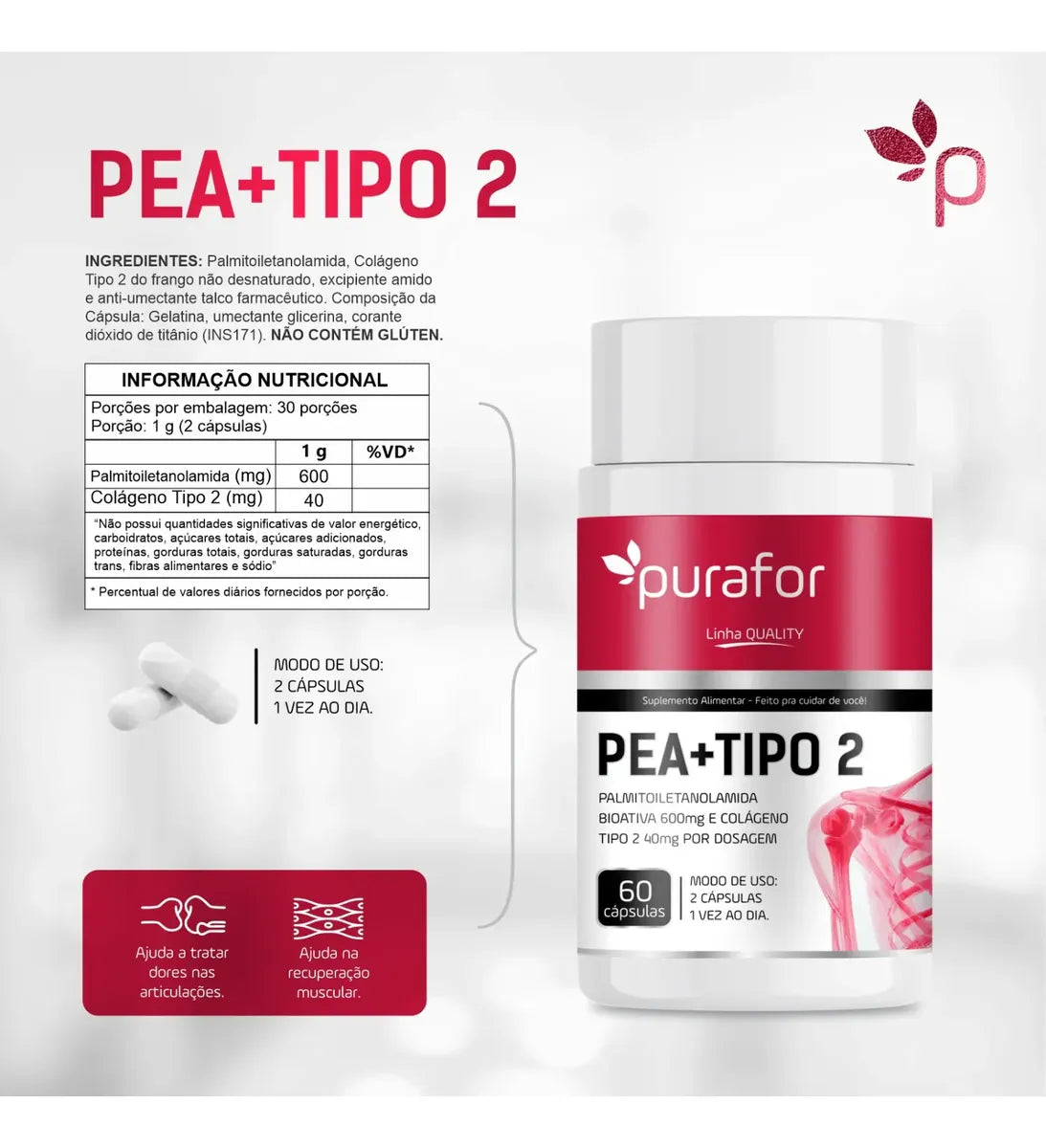 PEA 600mg Palmitoiletanolamida Bioativa Com Colágeno Tipo 2 Purafor 60caps Alta pureza