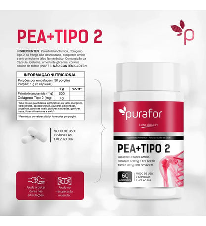 PEA 600mg Palmitoiletanolamida Bioativa Com Colágeno Tipo 2 Purafor 60caps Alta pureza