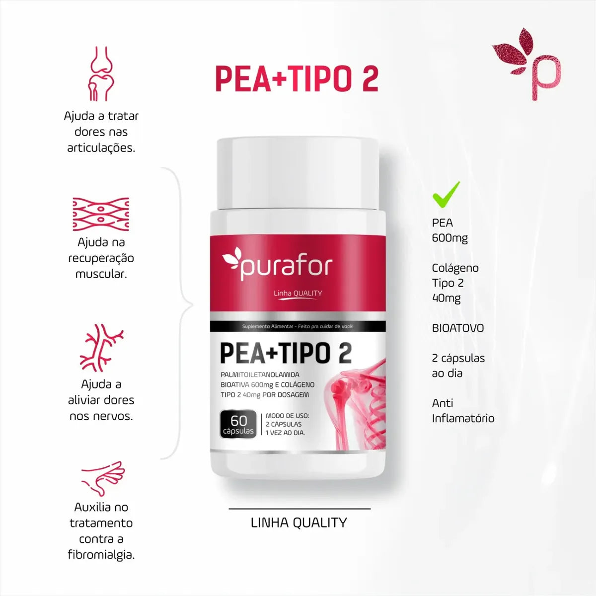 PEA 600mg Palmitoiletanolamida Bioativa Com Colágeno Tipo 2 Purafor 60caps Alta pureza