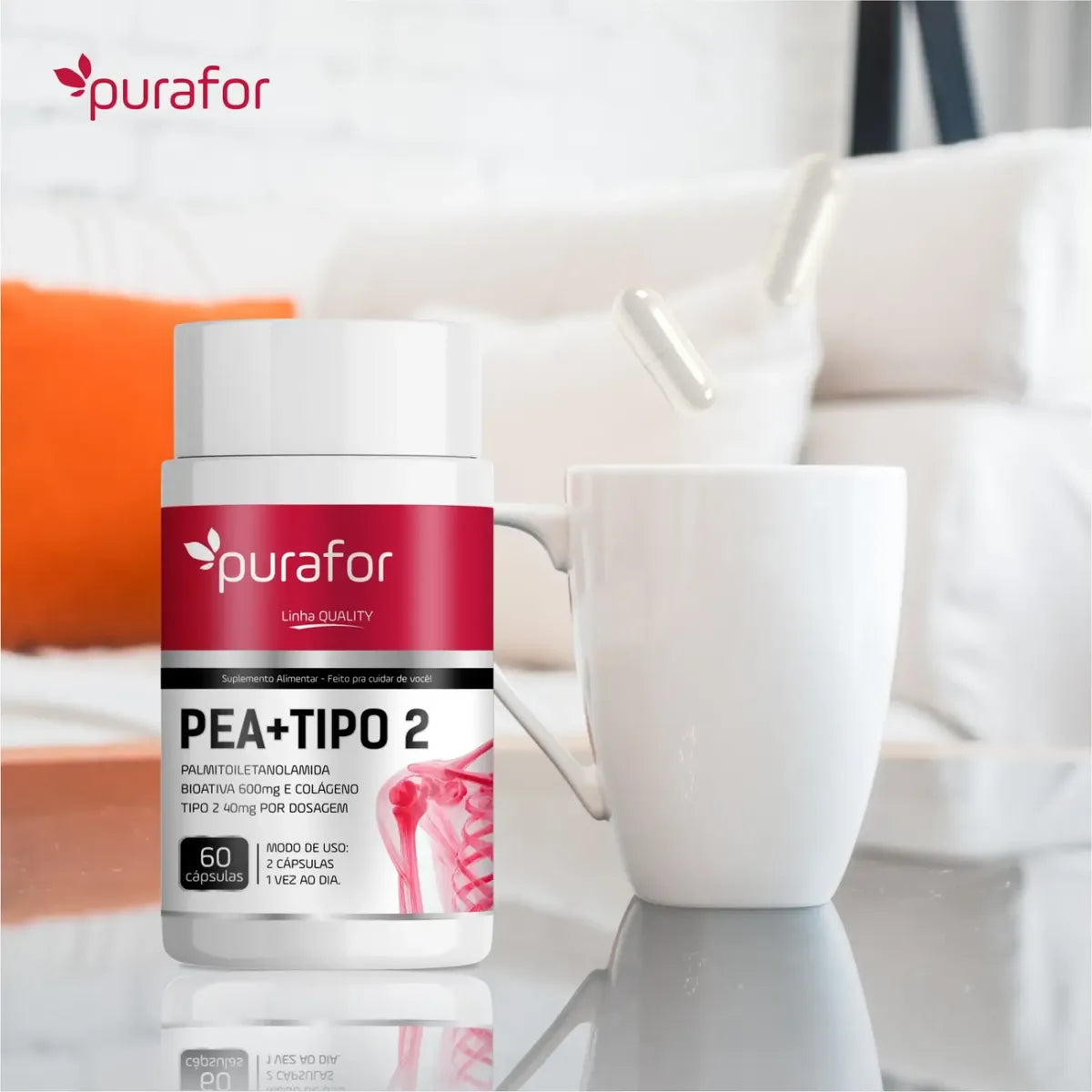 PEA 600mg Palmitoiletanolamida Bioativa Com Colágeno Tipo 2 Purafor 60caps Alta pureza